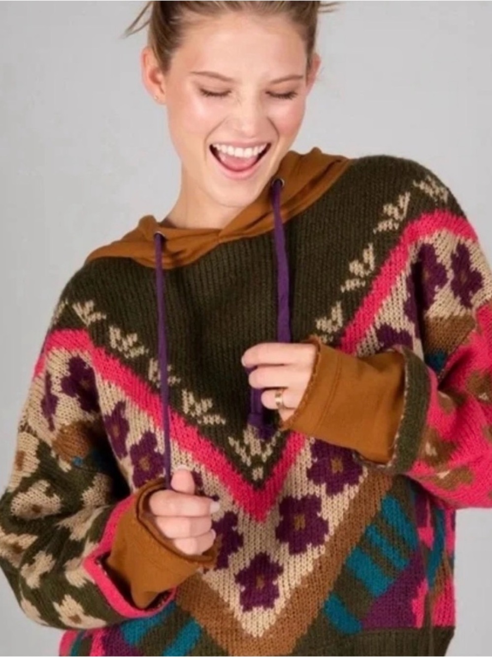 NATURAL LIFE Olive Multicolor Fair Isle Hoodie hoodie XL